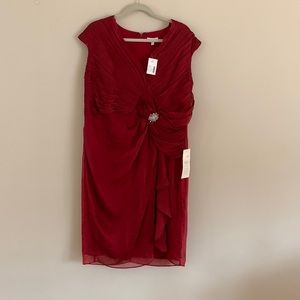 Fashion Bug Red Ruched V-Neck Cocktail Dress with Brooch
